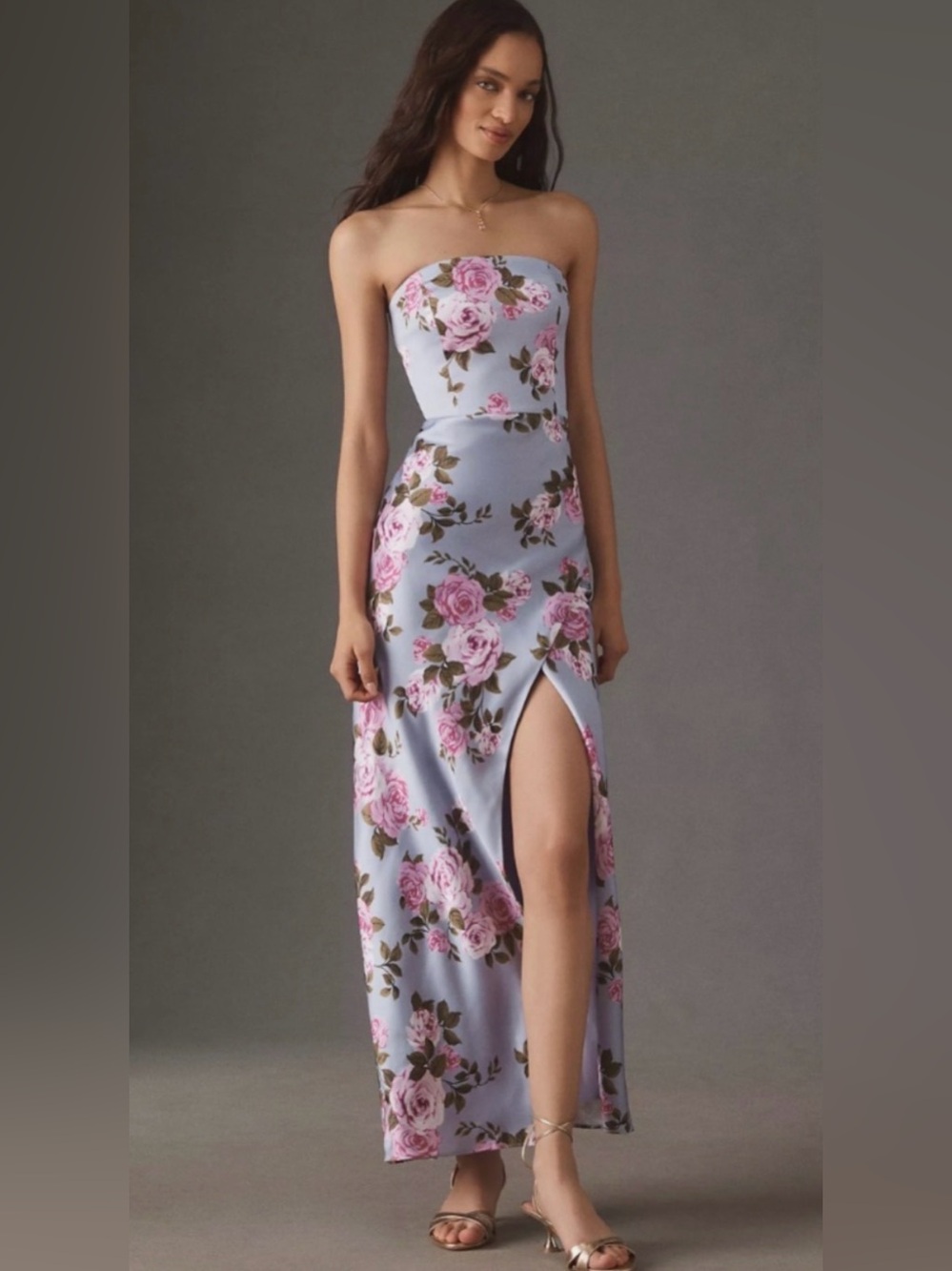 BHLDN Strapless Rose-Print Maxi Dress in Lavender and Pink